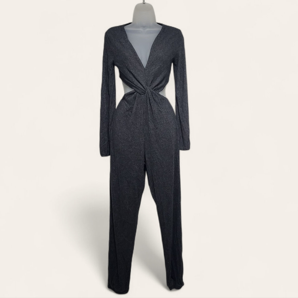 Lulus Lounge Time Charcoal Grey Ribbed Twist-Front Jumpsuit Small